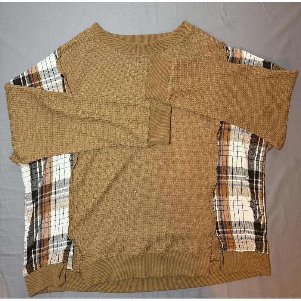 BKE Waffle Knit Plaid Contrast Thermal Top Brown Mixed Media Crewneck Large Cozy